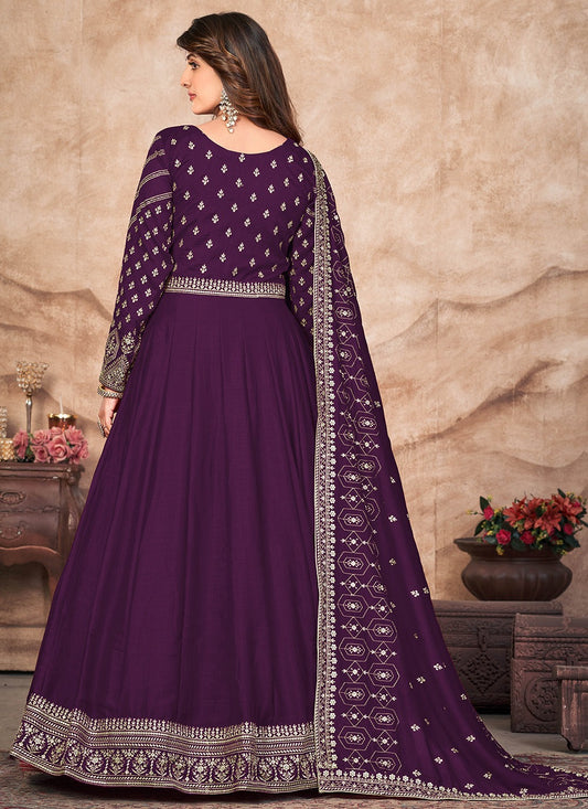 Long sleeve wine color silk gown for women