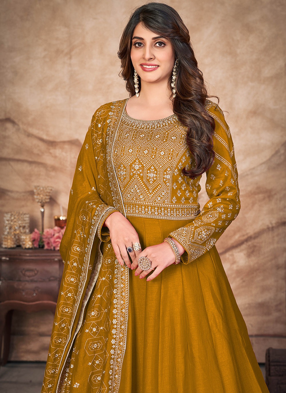 Long sleeve mustard color silk gown for women