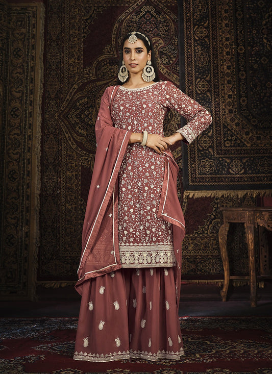 Peach color embroidery work sharara suit for women price