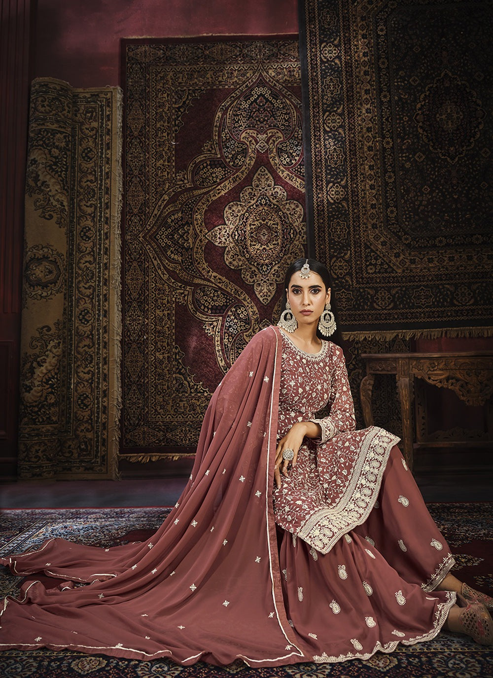 Peach color embroidery work sharara suit for party online shopping