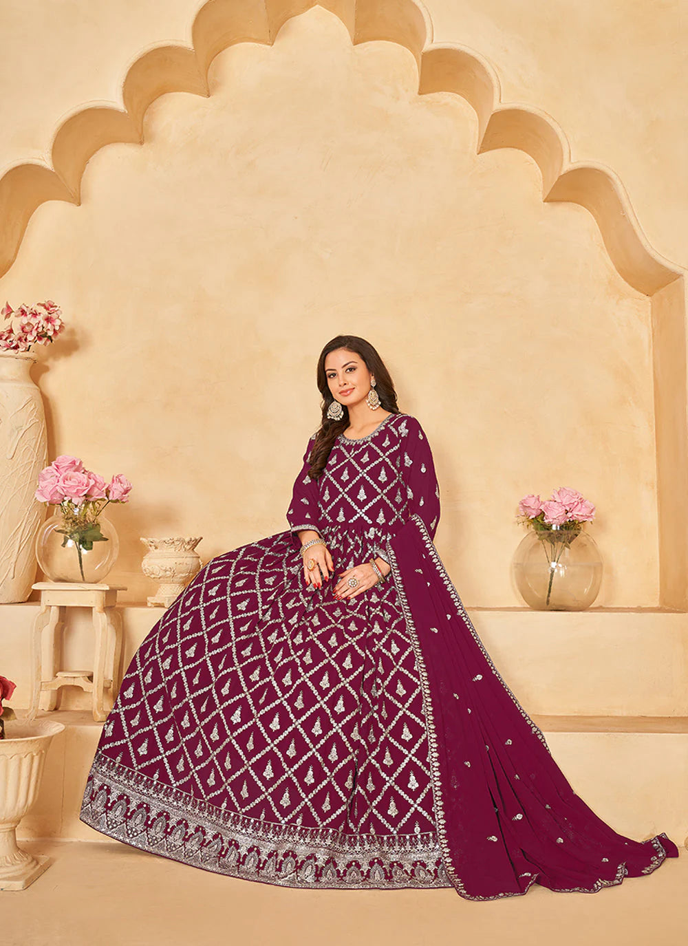Rani pink color georgette long gown online shopping