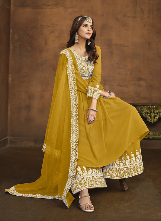 Mustard color georgette sharara suit for women with dupatta