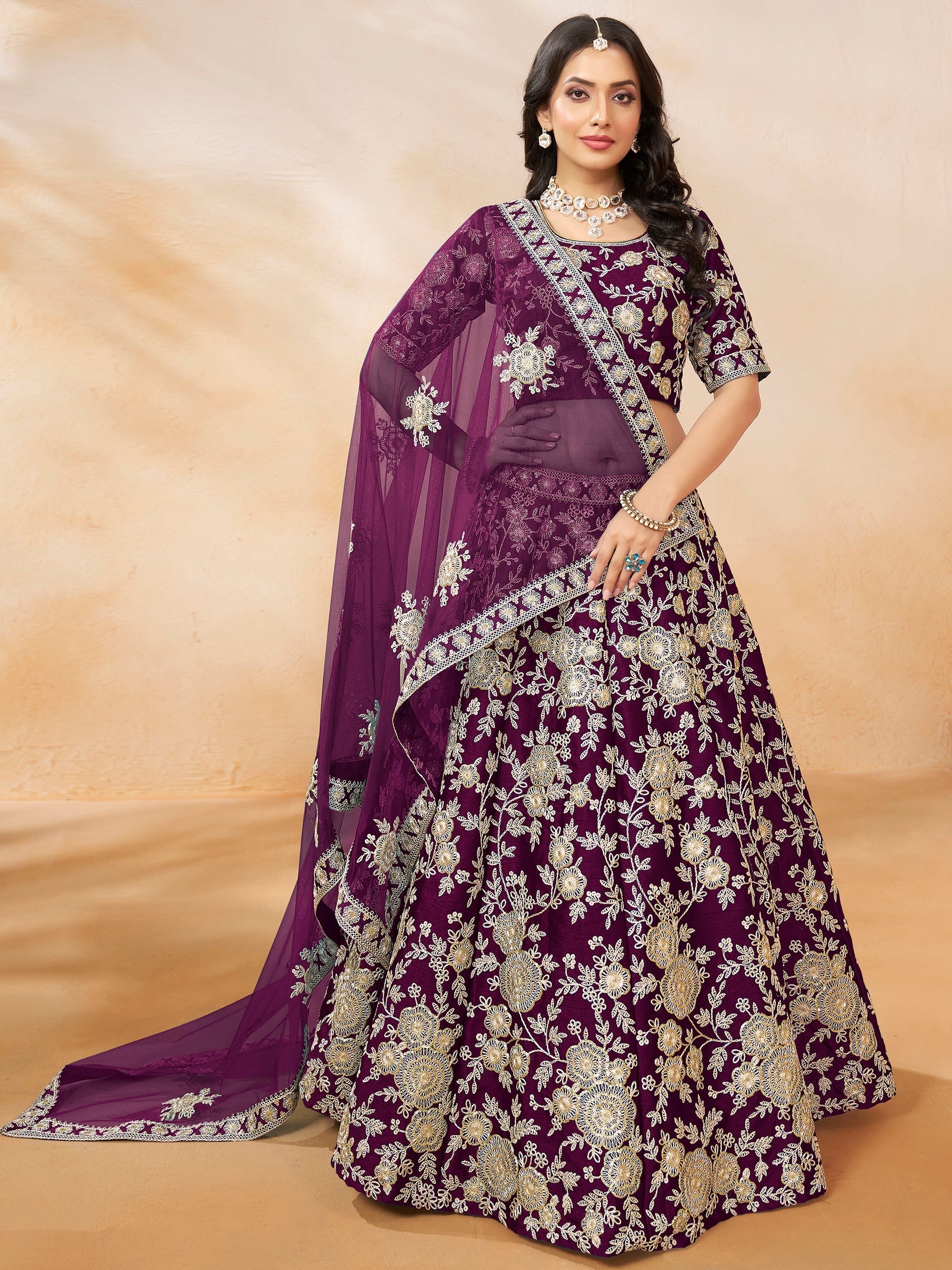 Wine color silk lehenga choli for women with price