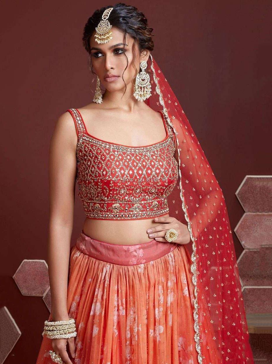 orange chinnon silk lehenga choli for  online