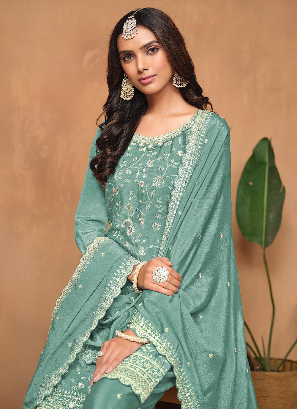 Chinon Silk salwar suit green for women