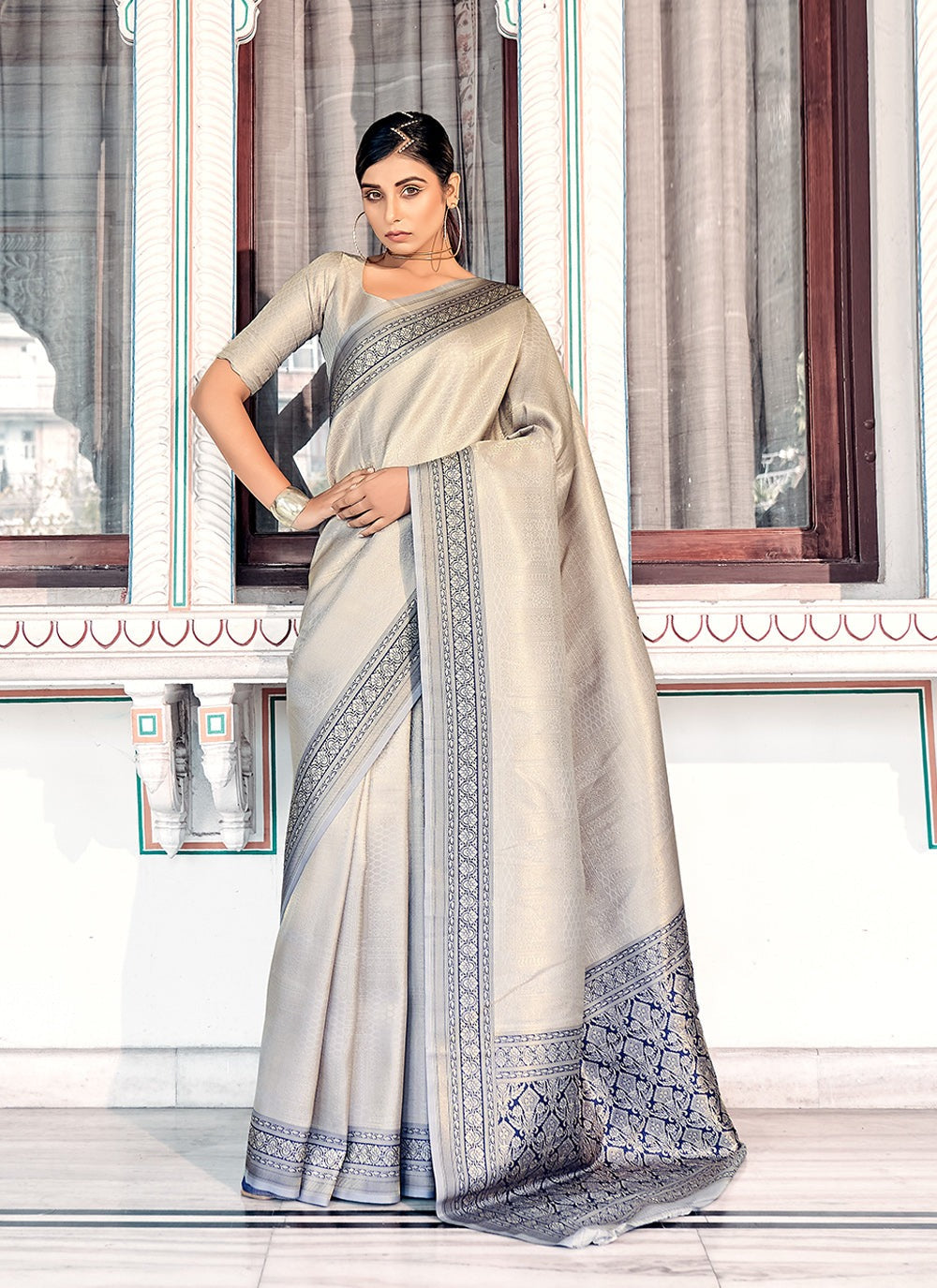 Grey colour Saree Party Wear
