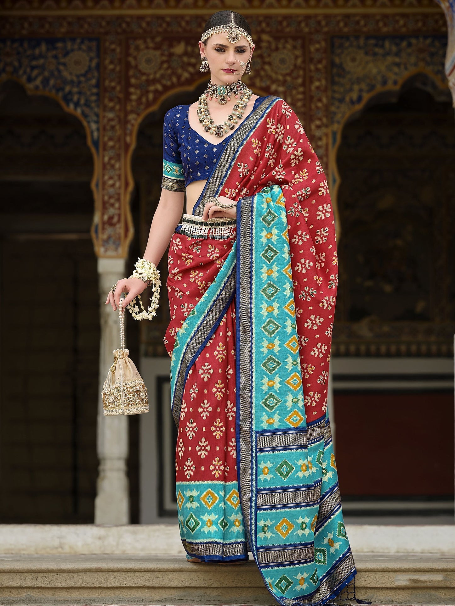 Red color silk printed saree for women with price