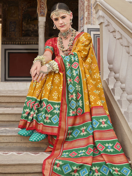 Mustard color silk printed saree for women with price