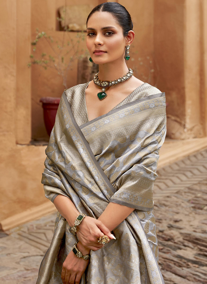 Grey color banarasi silk saree for women with price