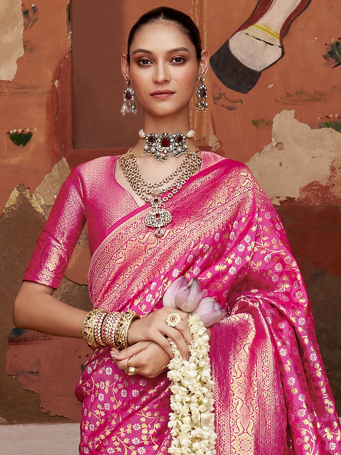 Pure pink color banarasi silk saree for women