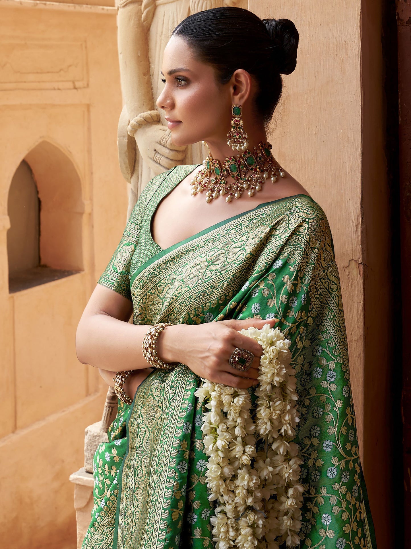 Green Banarasi Saree look