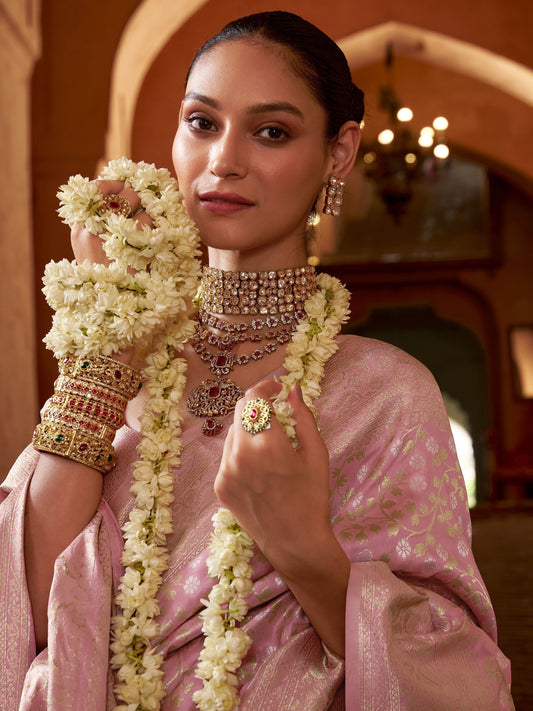 Pink color banarasi silk saree for women price