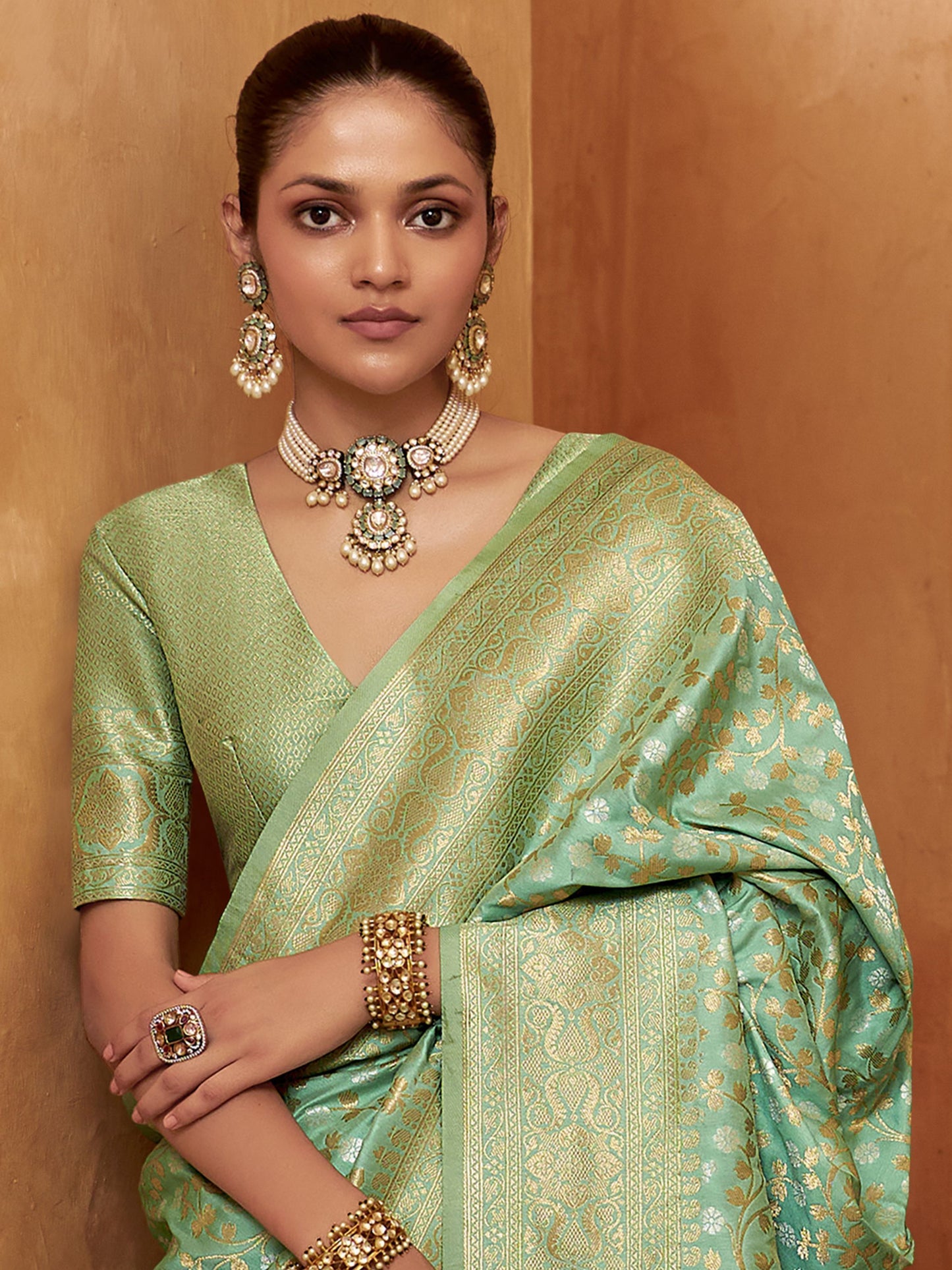 Green color banarasi silk saree for women online