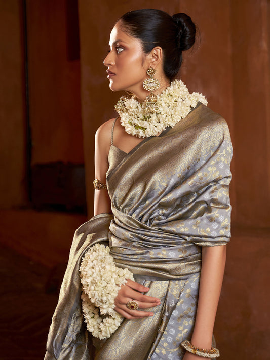 Grey banarasi silk saree for women with price