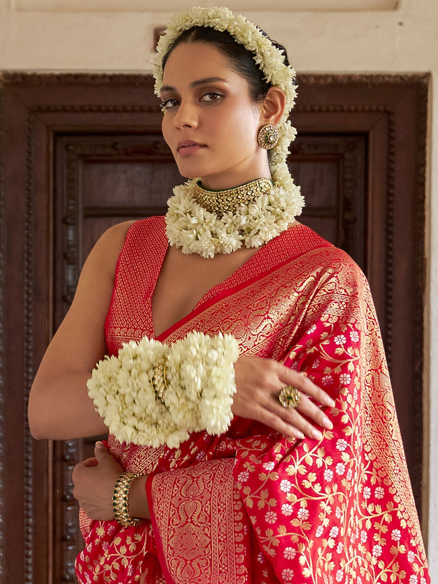 Red banarasi silk saree for women