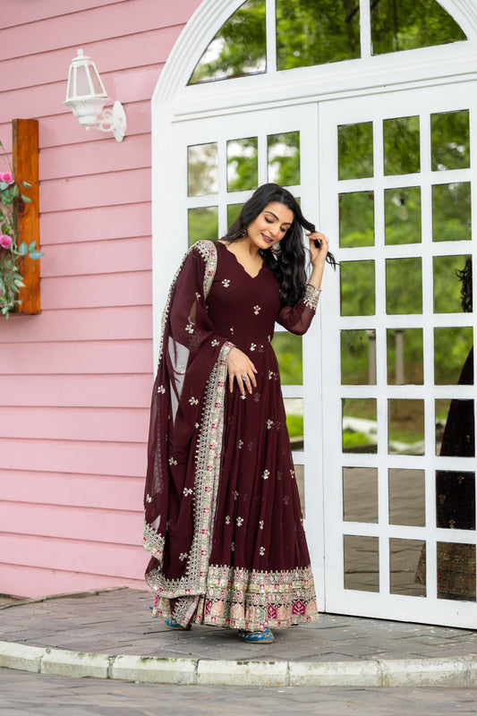 Purple color georgette long gown with dupatta online