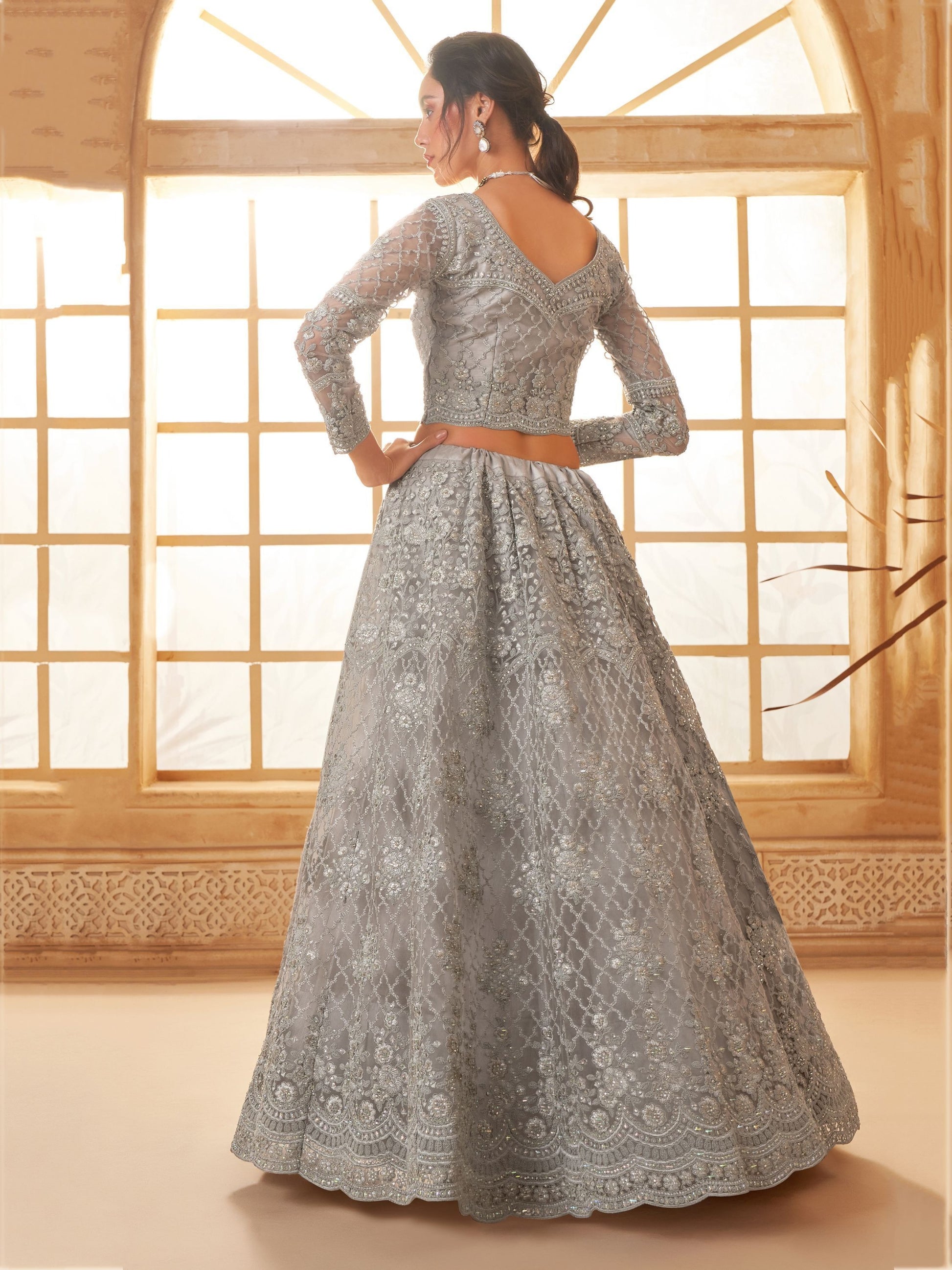 Wedding wear Grey color soft net lehenga choli online