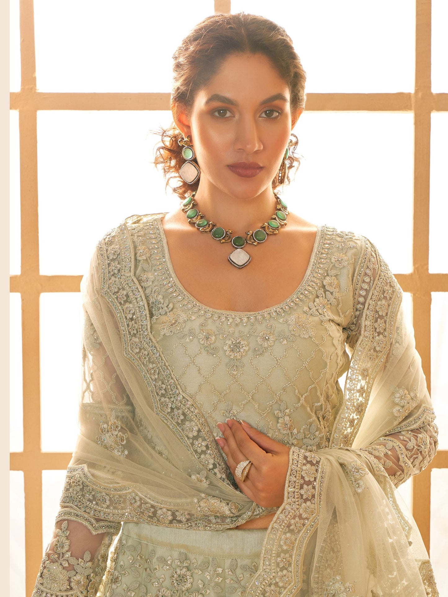 Pista color coding work lehenga choli