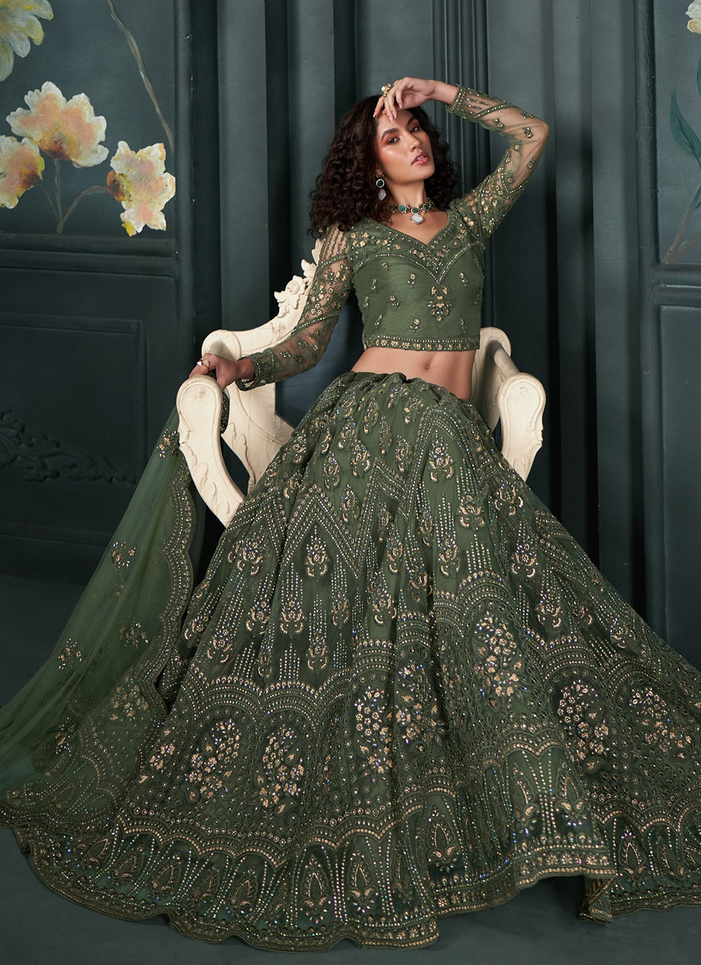 Dark green net lehenga choli for women