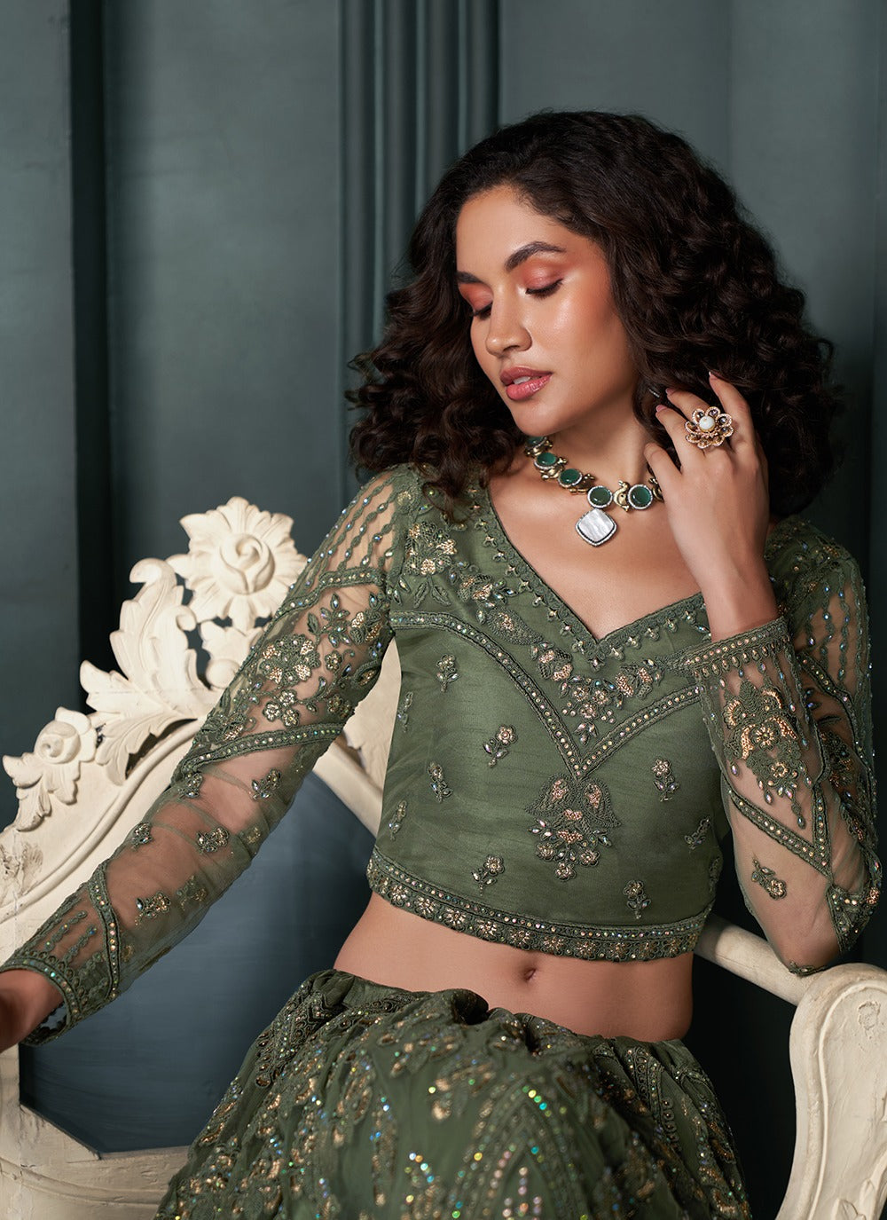 Green net lehenga choli for wedding