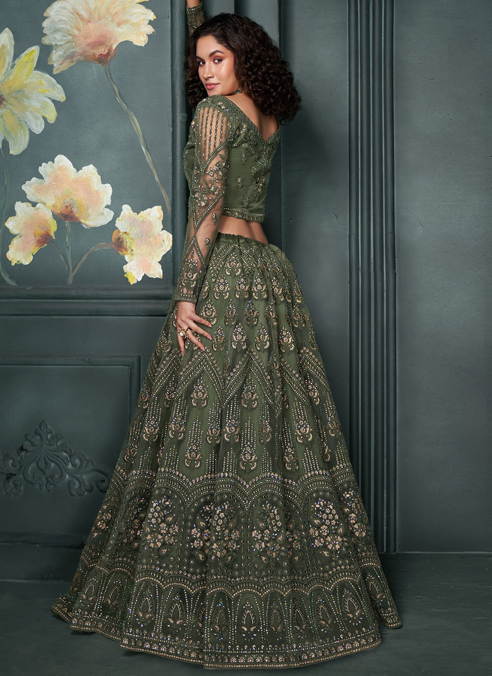 Dark green net lehenga choli online shopping