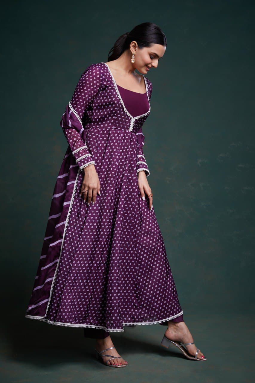 Purple color organza salwar suit with dupatta