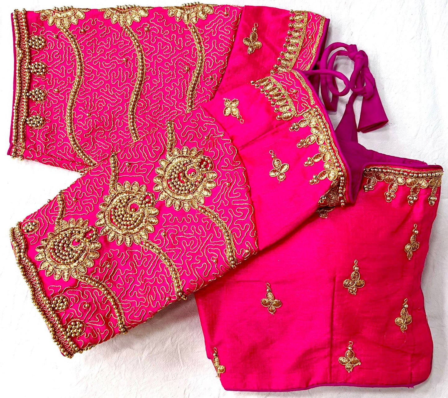 Pink color silk embroidery work blouse design look