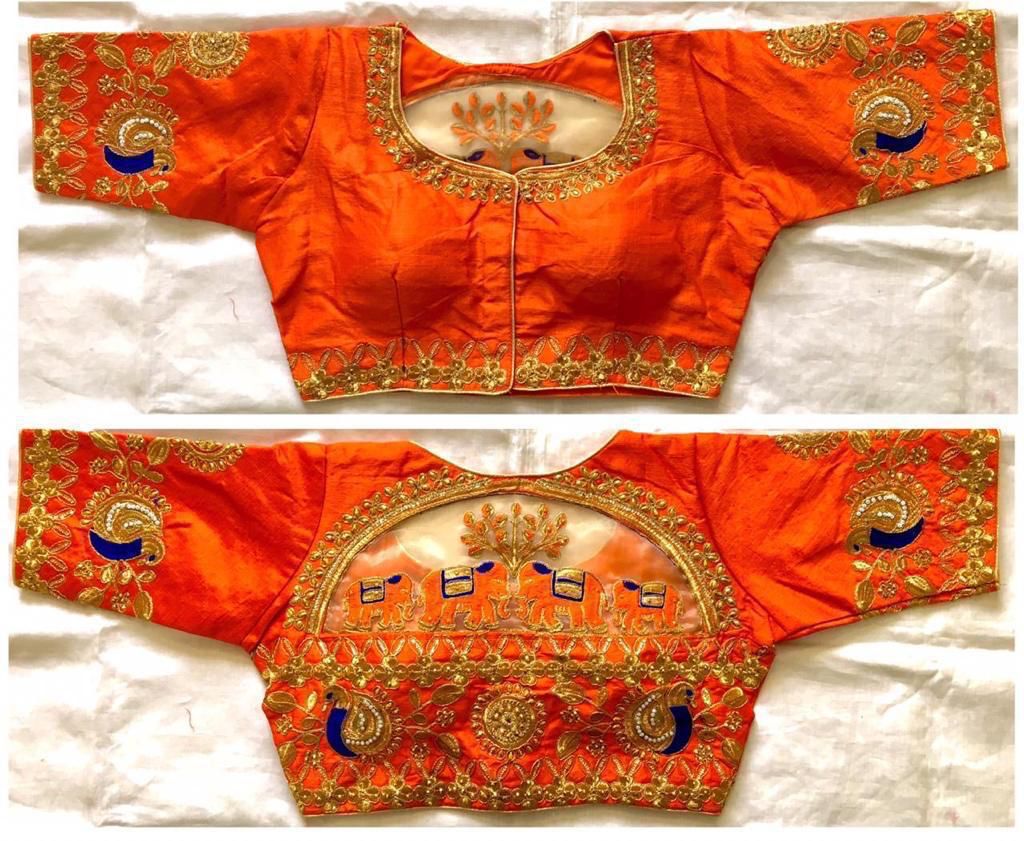 Orange color malbari silk embroidery work lehenga blouse