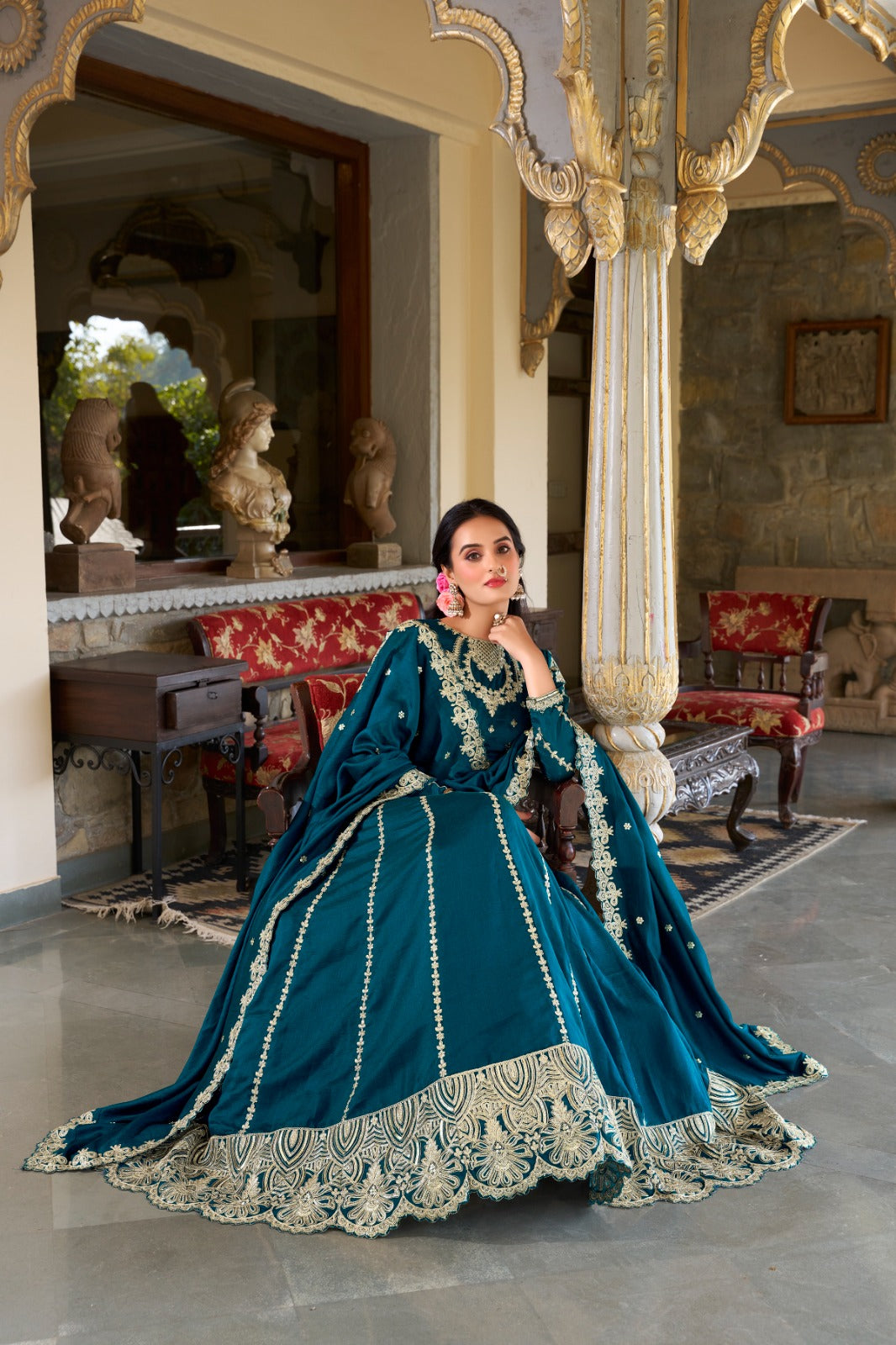 Firozi color vichitra silk lehenga choli with dupatta online