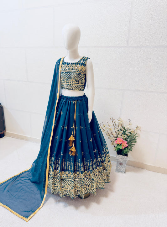 Teal blue color georgette lehenga choli for small girls online shopping