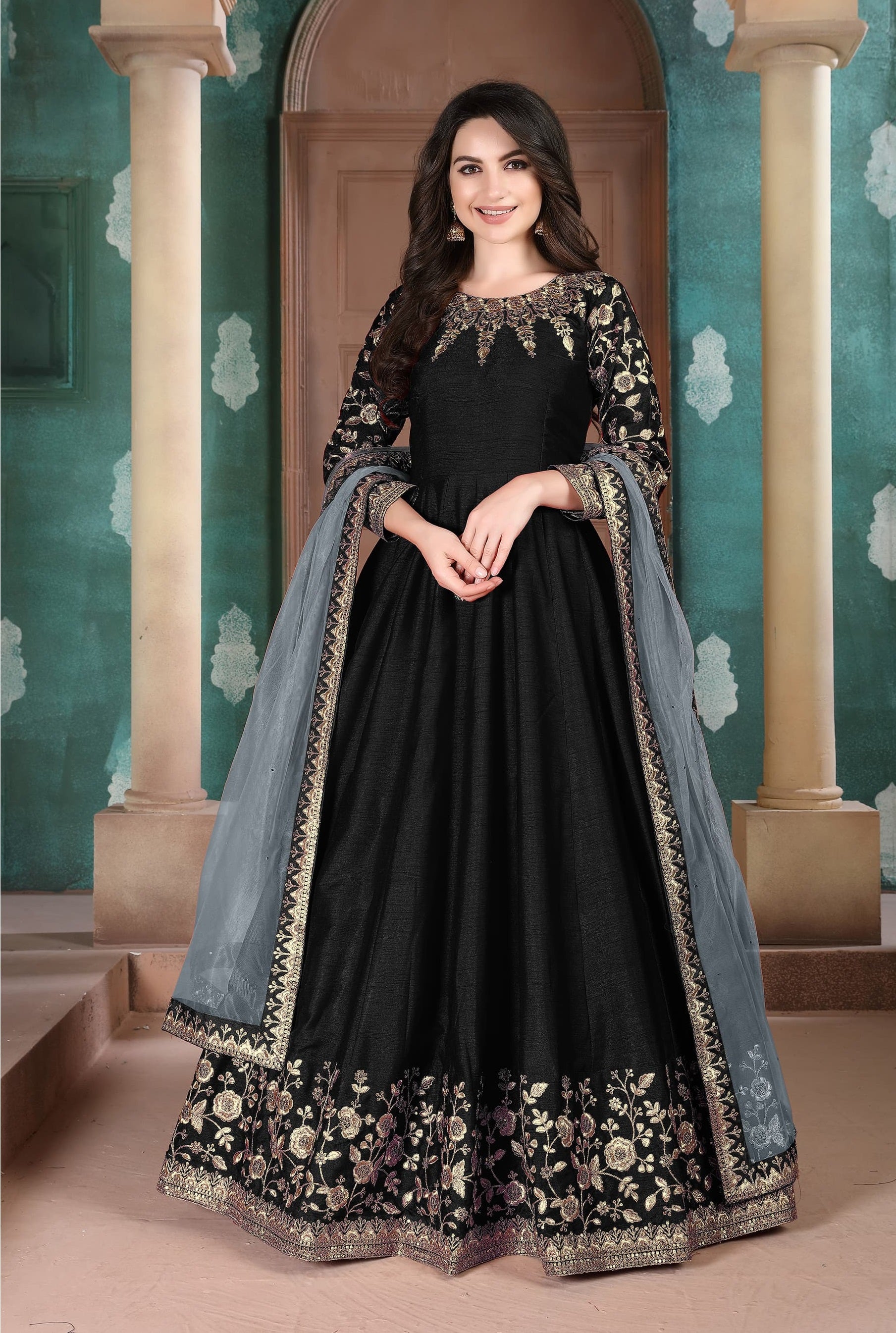 Beautiful Black Adda Silk Embroidery Work Gown For Party Wear Beautiful Black Adda Silk Embroidery Work Gown For Party Wear