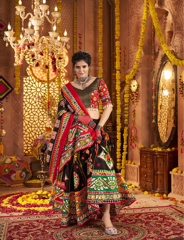 Black color cotton lehenga for navratri with dupatta online