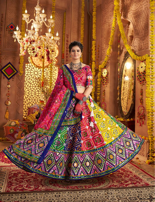 Multi color cotton lehenga for navratri with dupatta online shopping