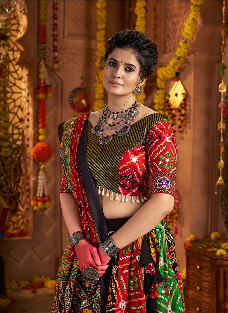 Multi color cotton lehenga for navratri with dupatta online