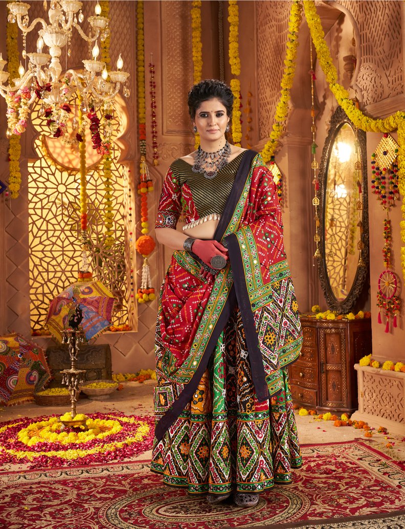 Multi color cotton lehenga for navratri with dupatta online shopping