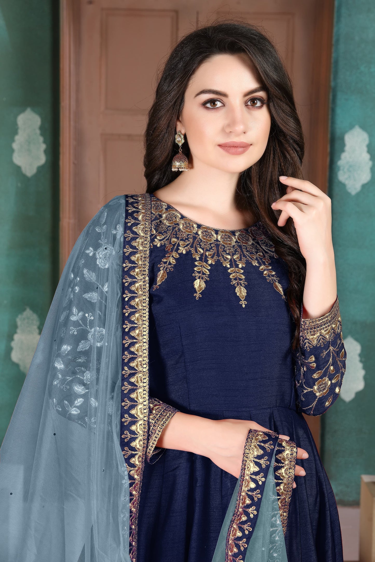 Long blue silk gown for women
