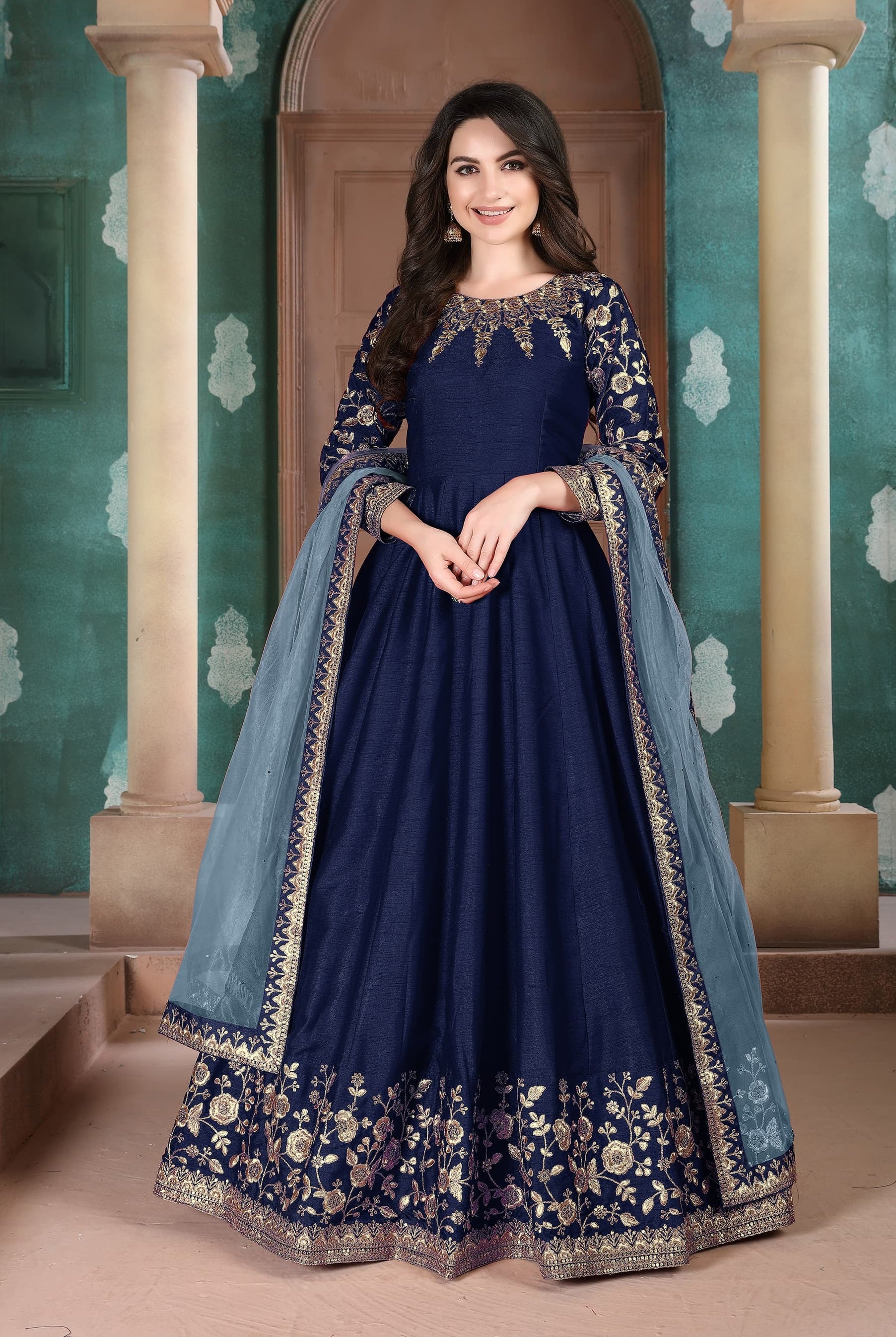 Luxury Blue Color Adda Silk Gown With Dupatta For Reception Wear – Ragthm