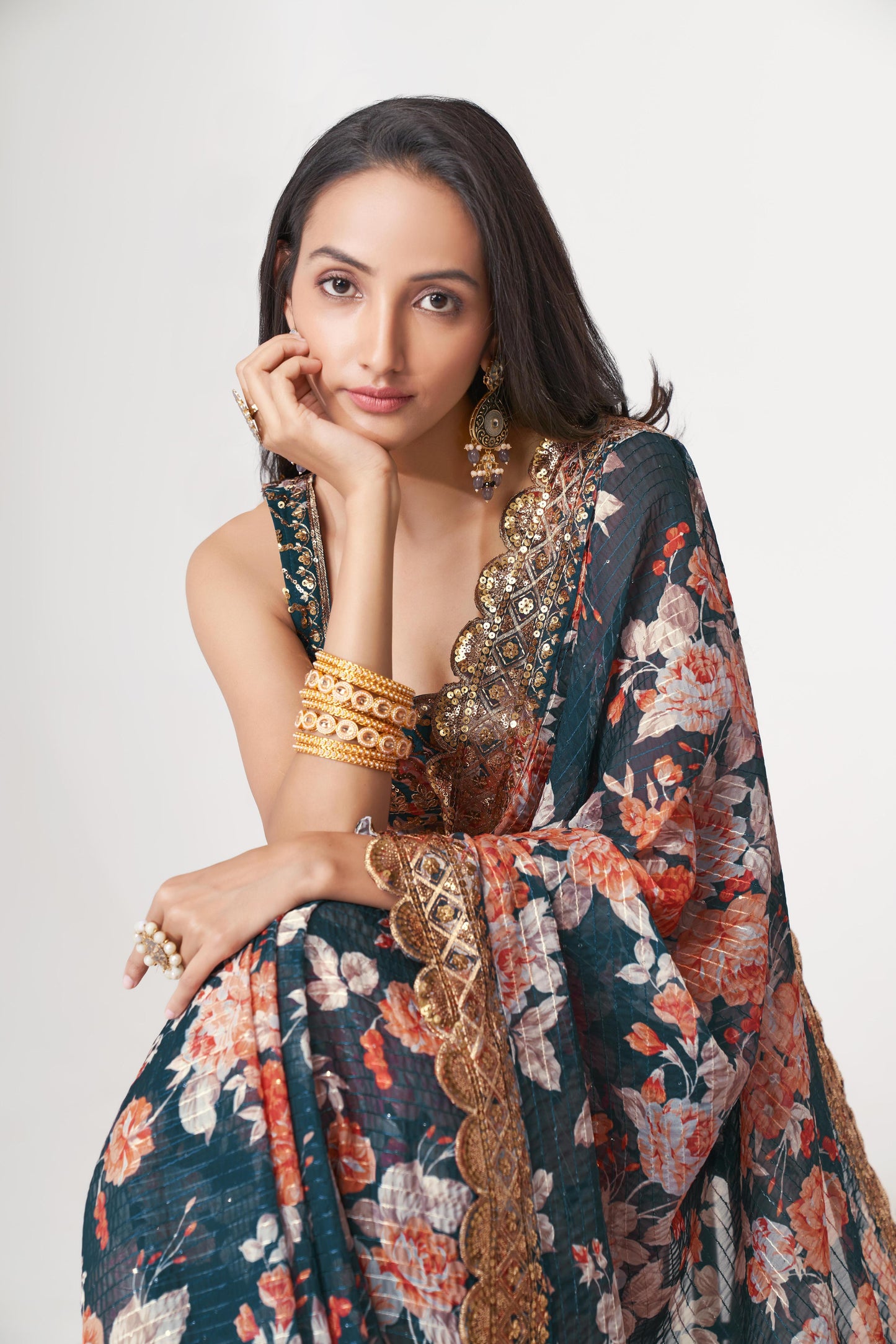 Dove Blue color organza saree with blouse images