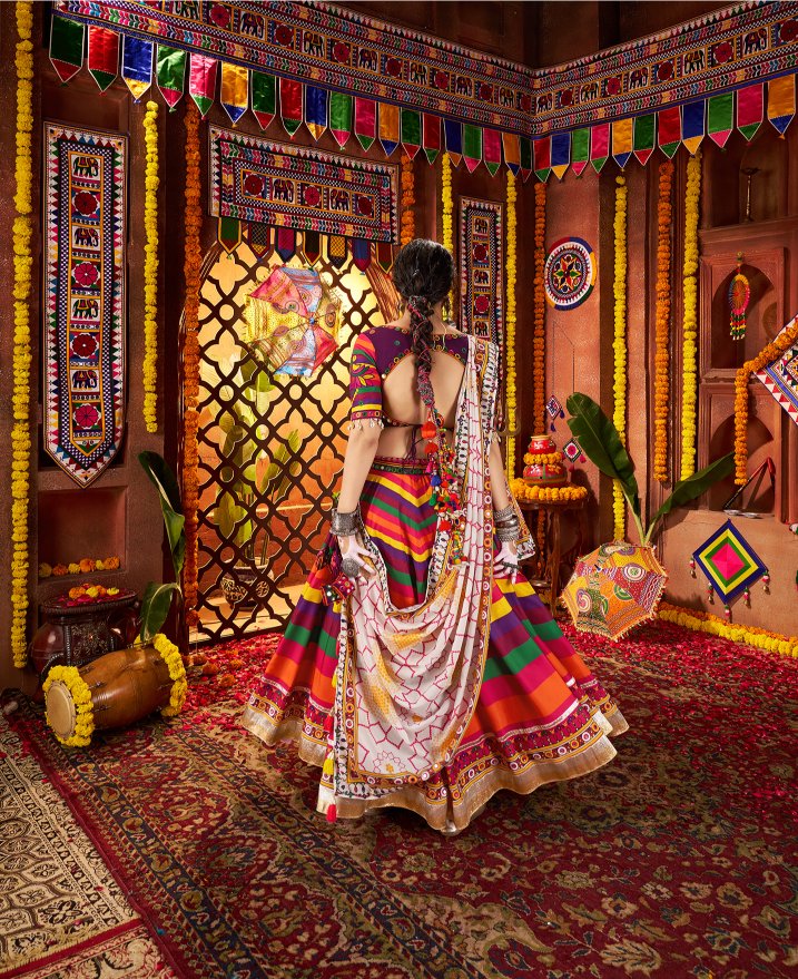 Multi color muslin lehenga for navratri with dupatta online