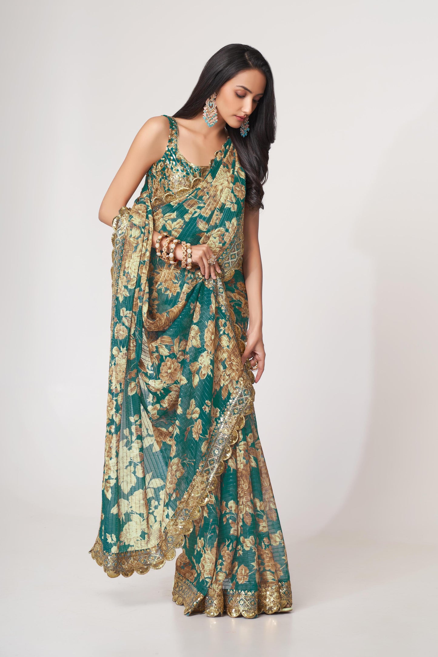 Blue color organza saree with blouse online