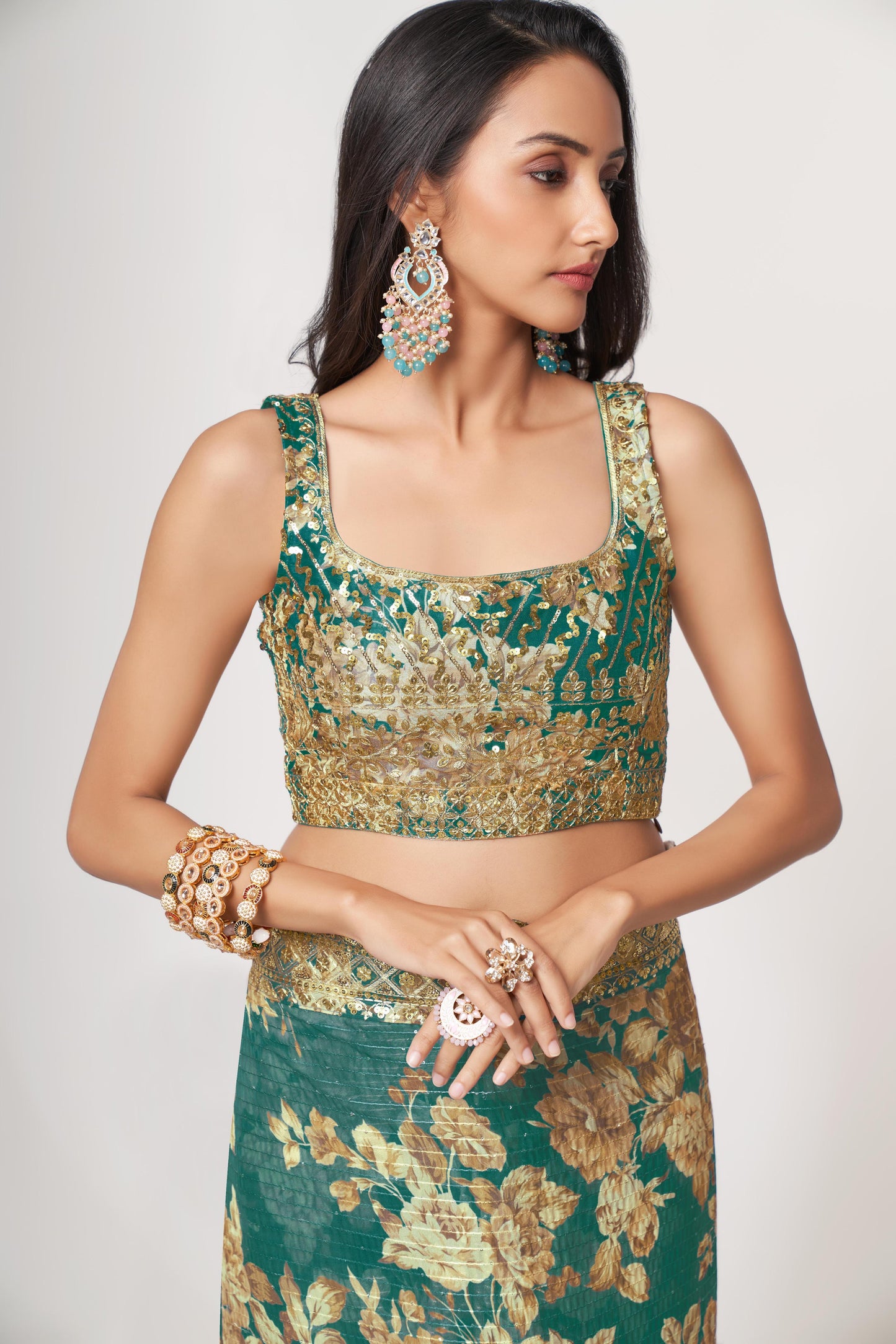 Organza green saree wedding wear