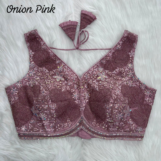 Unique Power Net Stitching Hand Work Sky Blue Blouse For Women