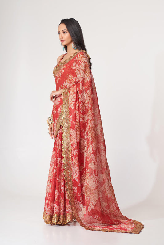Red Organza Saree with Embroidery