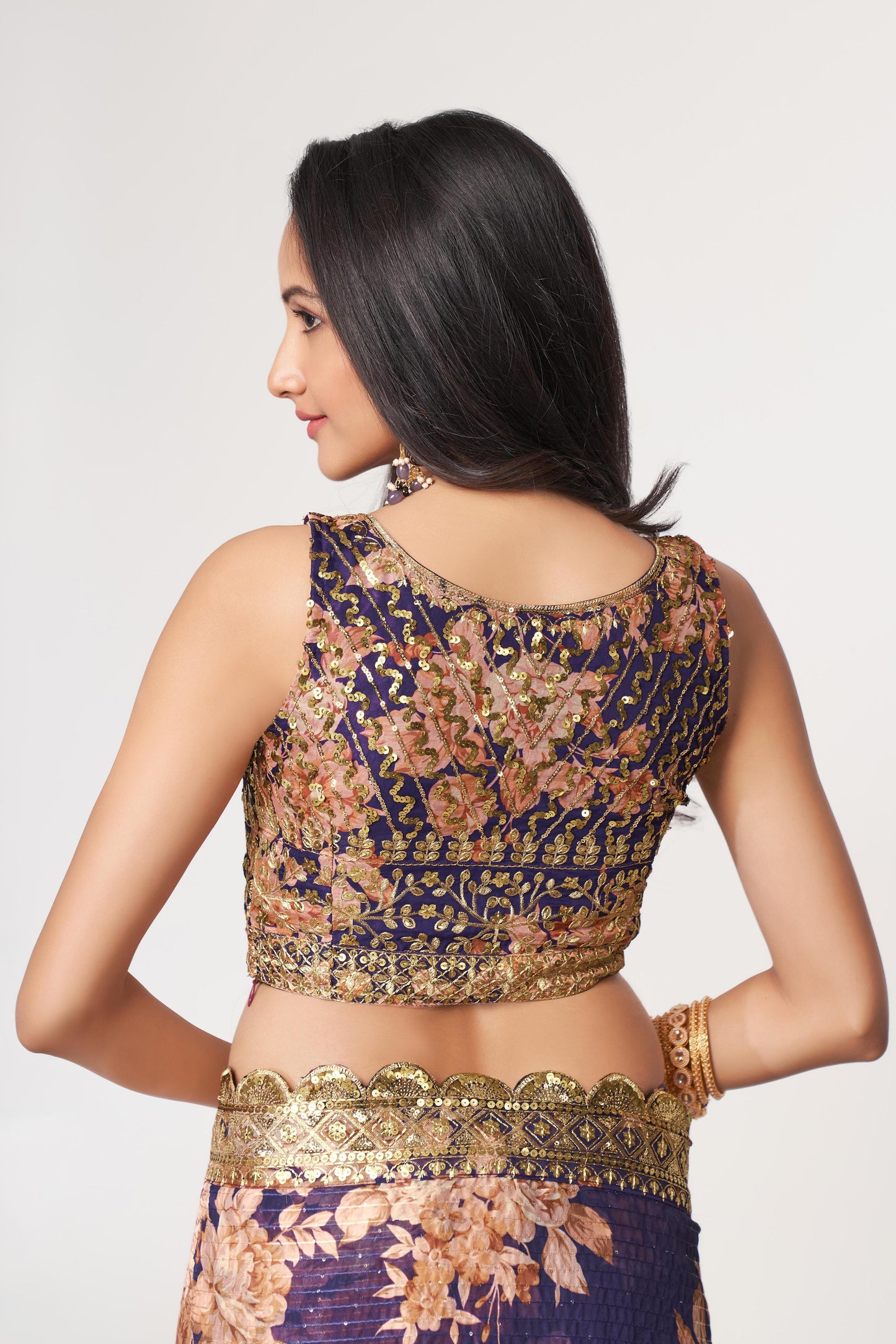Dark purple organza saree for engagement
