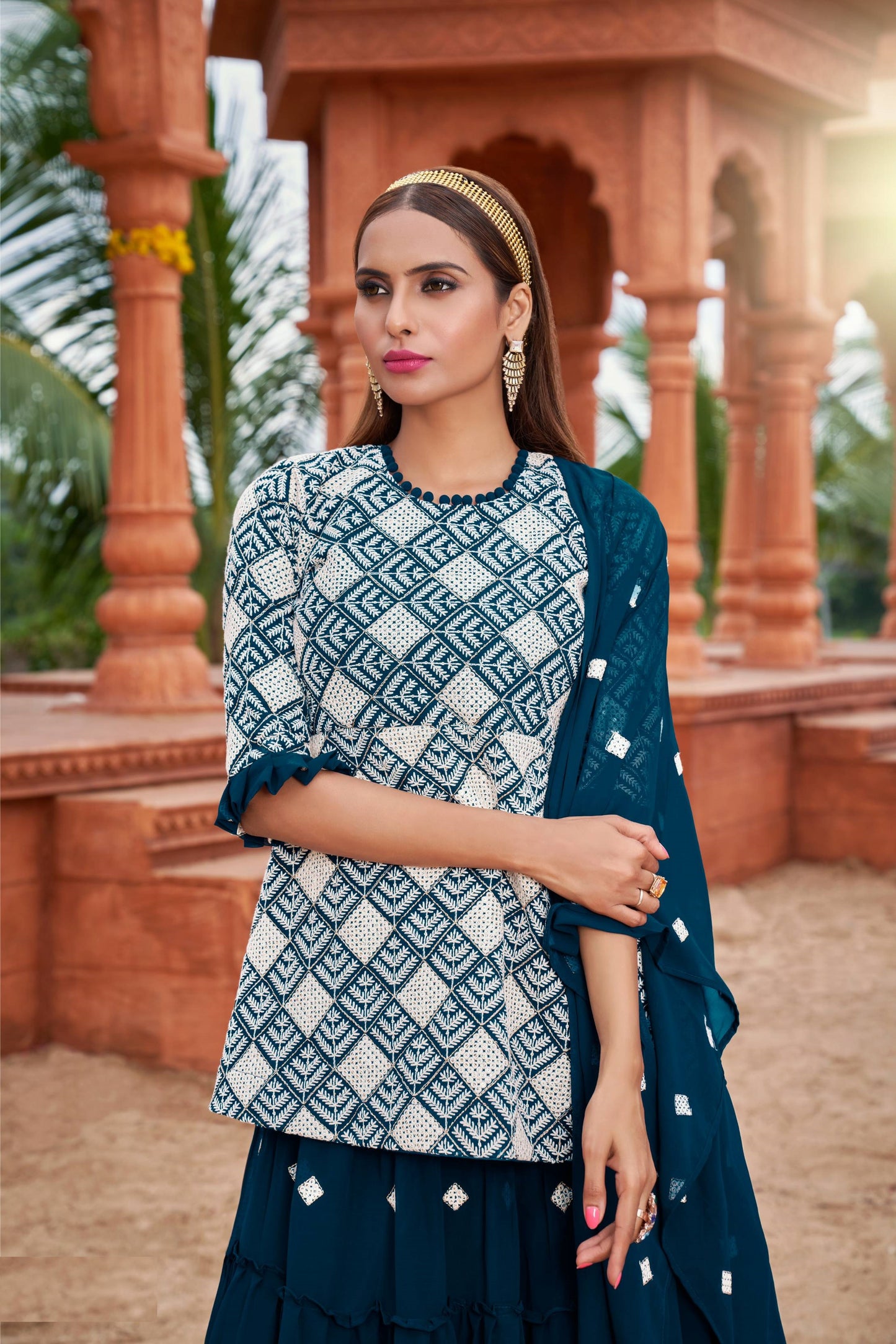 Peacock blue color georgette lehenga with top price