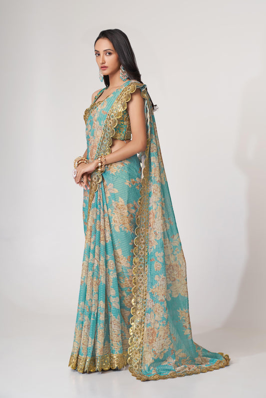 Sky blue color organza saree with blouse