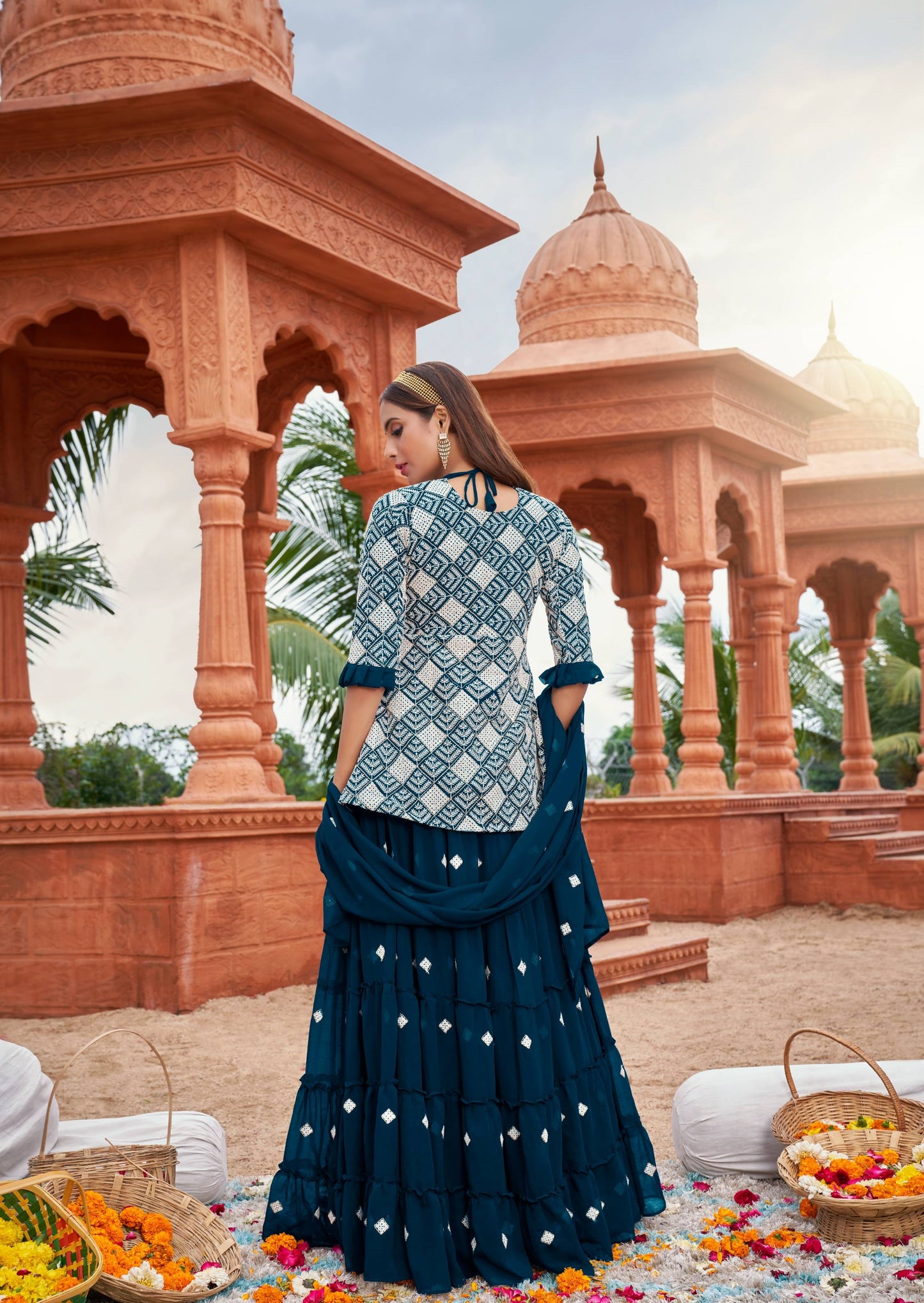 Peacock blue color georgette lehenga with top online shopping