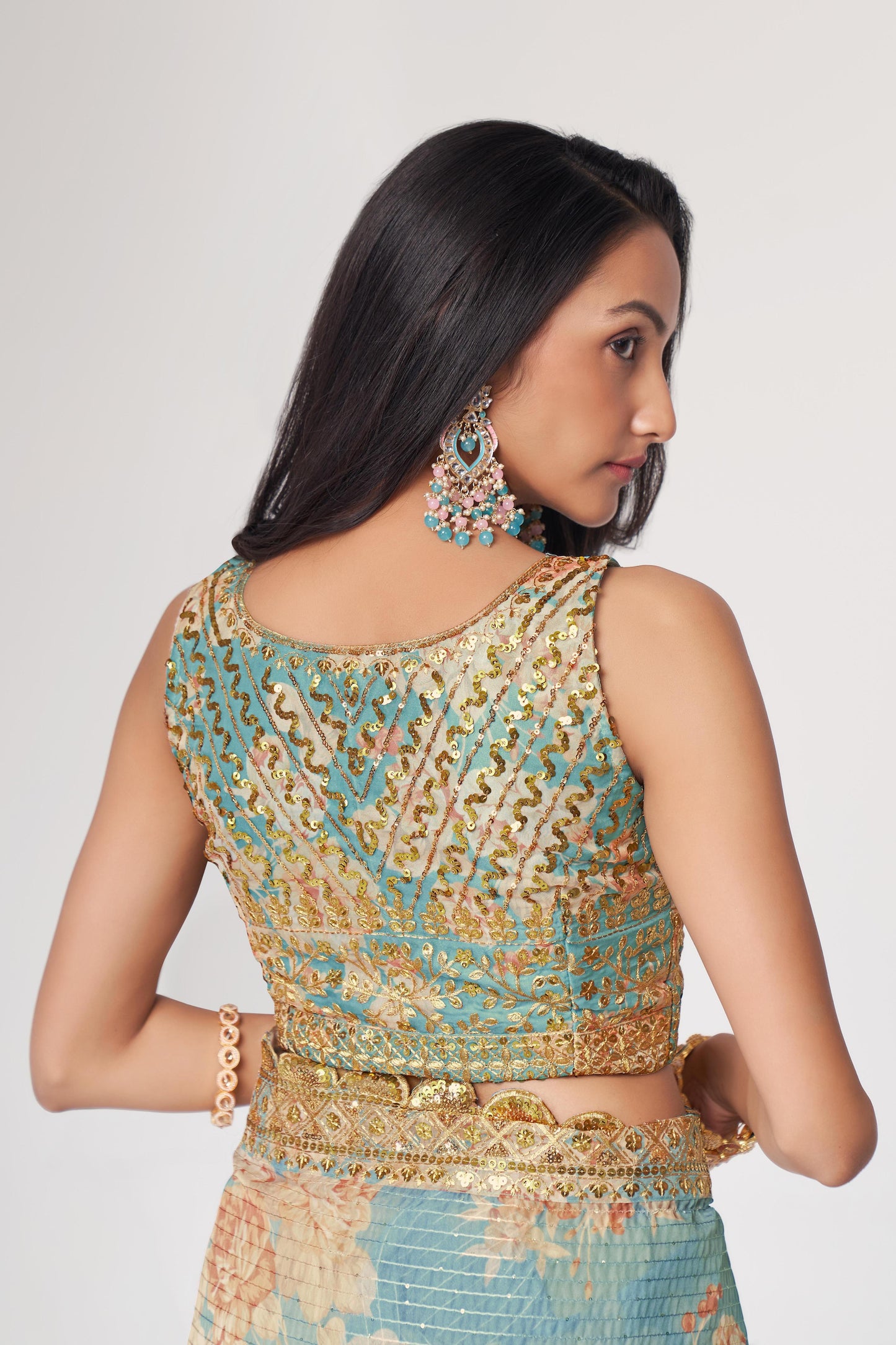 Sky blue color organza saree price