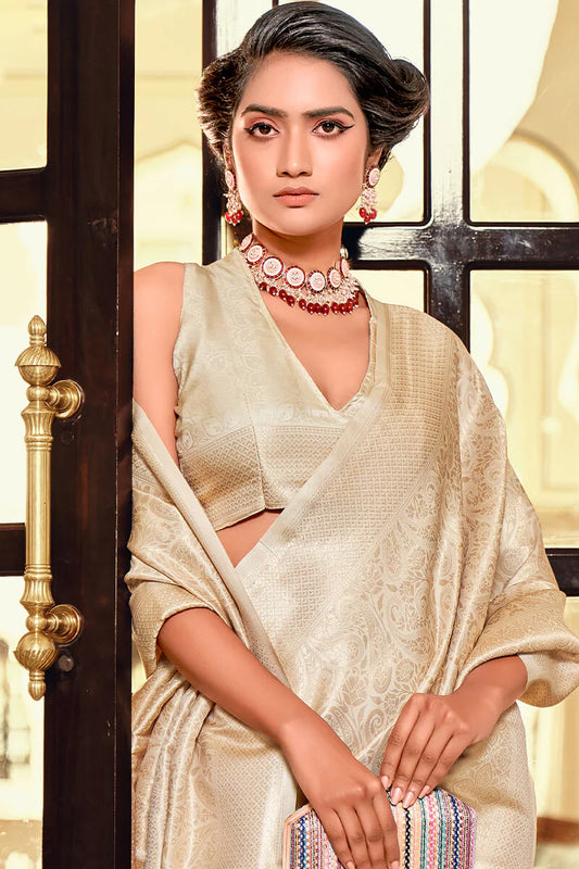 Beige color kanchivaram silk saree with blouse