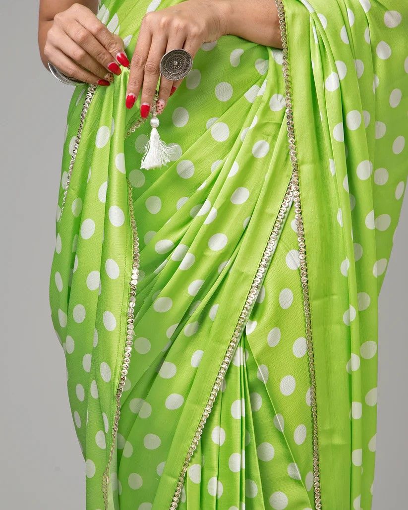 Parrot color japan satin printed saree with blouse price